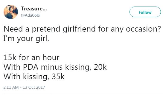 '15k For 1 Hour & 35k For Kissing' - Girl Who Wants To Pretend As Girlfriend (See Tweets)