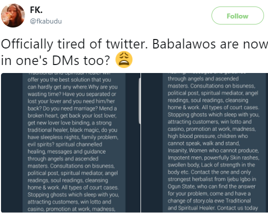Twitter User Shares Screenshots Of A DM She Received From A 'babalawo' (Photos)