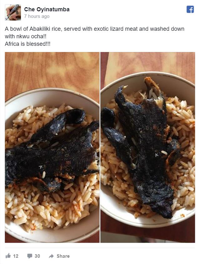 Man Enjoys A Bowl Of Rice With Lizard Meat And Washed It Down With Palmwine (Photos)