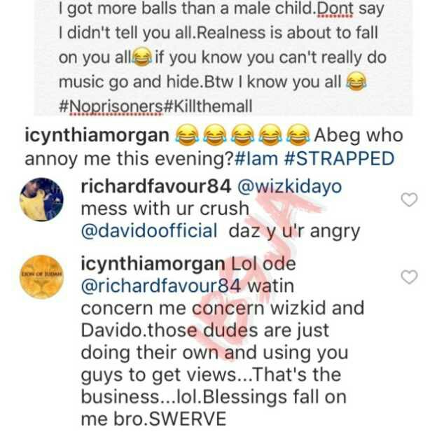 'You Fool, The Wizkid- davido Beef Is Staged,' Cynthia Morgan To A Follower