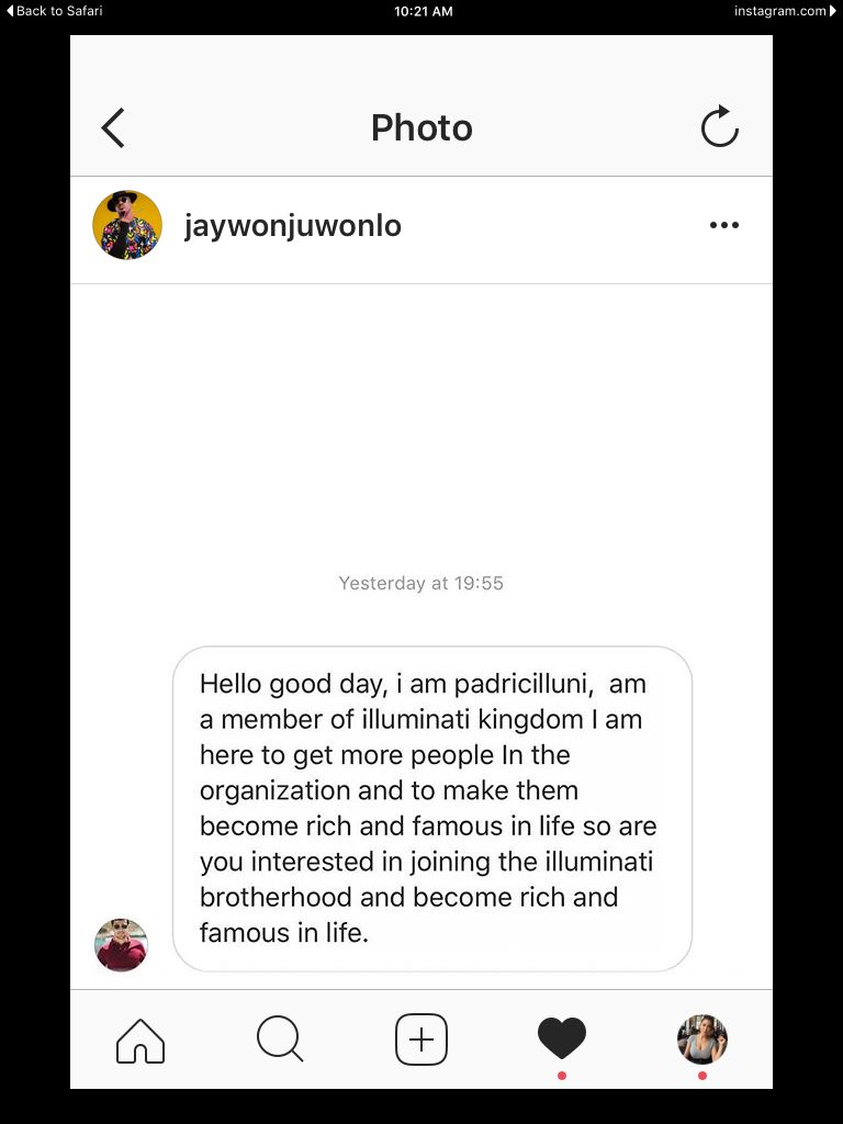 Singer Jaywon Invited To Join Illuminati Via Instagram DM ( Screenshot)