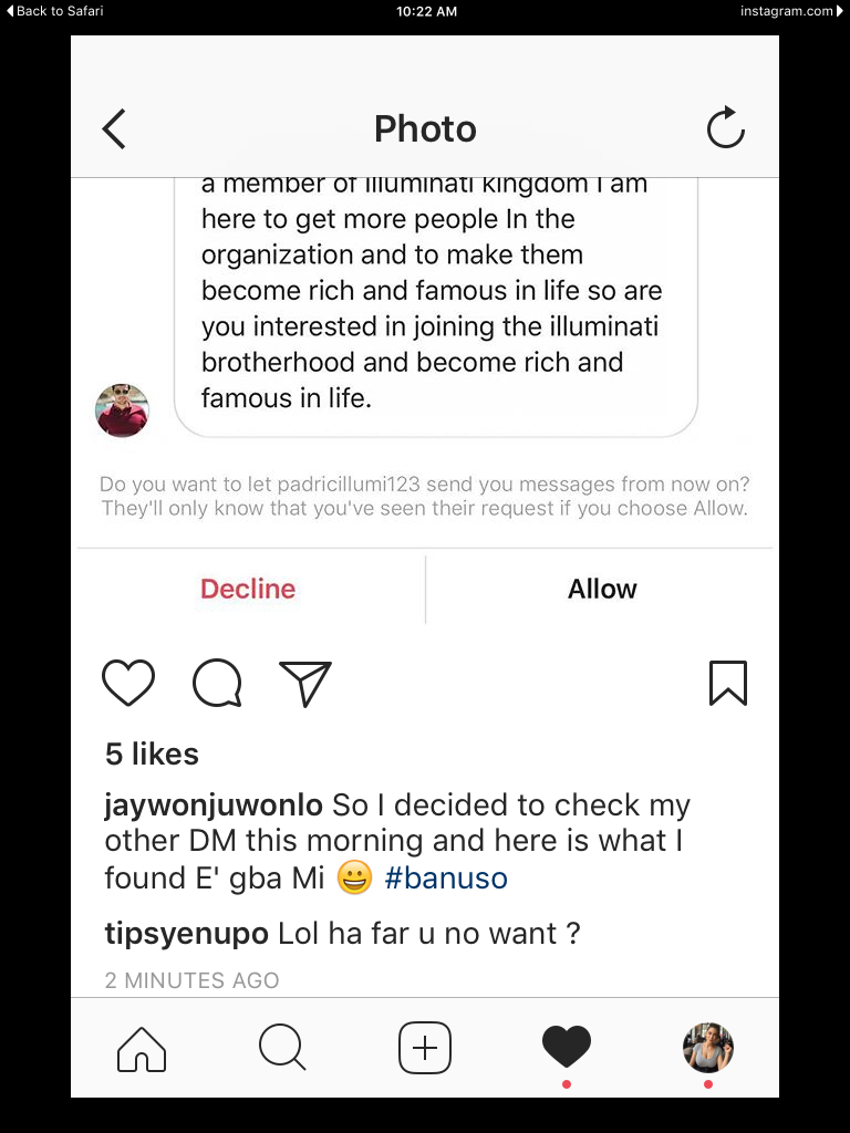 Singer Jaywon Invited To Join Illuminati Via Instagram DM ( Screenshot)