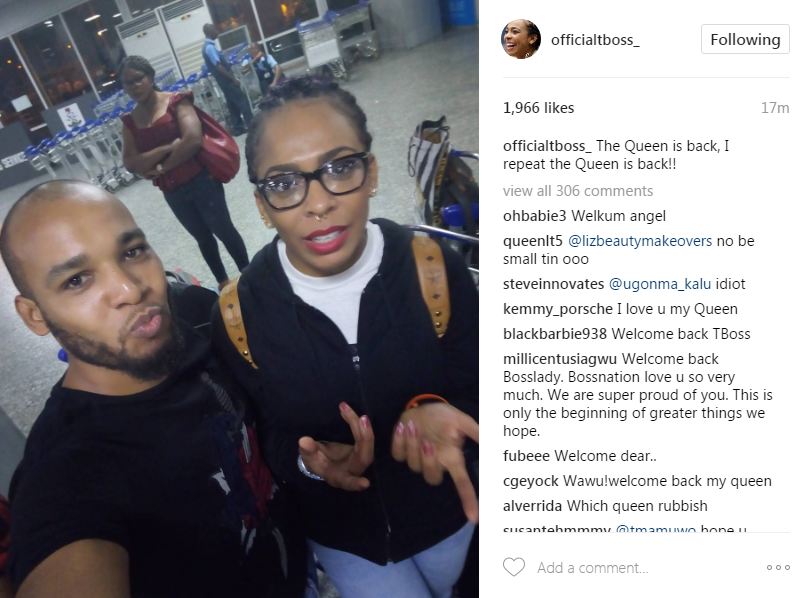 #BBNaija: Tboss Arrives Nigeria, Pictured With Her Brother