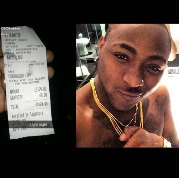 Davido Spends N2.5M On Drinks At A London Nightclub. See Receipt