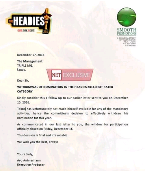 Tekno Disqualified from 2016 Headies Next Rated award