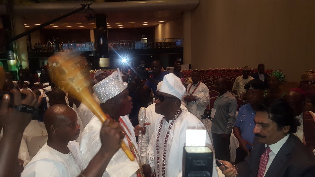 The Moment Ooni Of Ife And Oba Akiolu Of Lagos Greet Each Other At Bola Tinubu Colloquium (Photos)