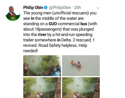 2 Rescued, 16 Feared Dead As 18-Seater Bus Gets Knocked Into River By Trailer