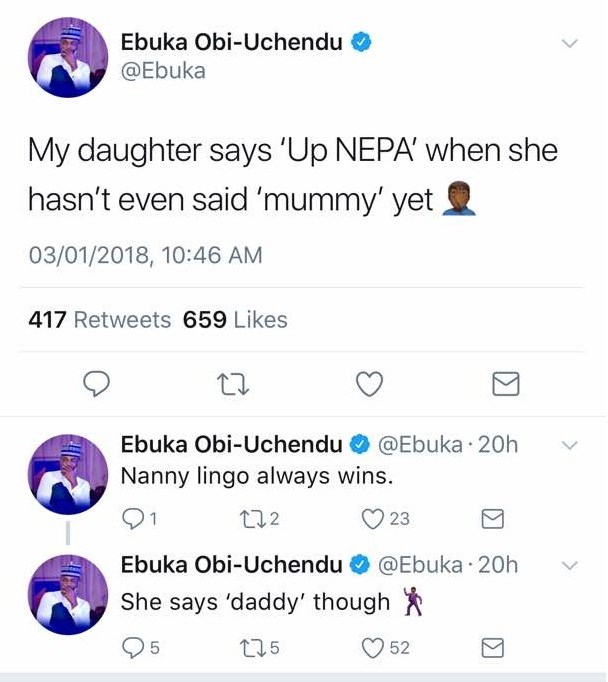 My Daughter Says Up NEPA, When She Hasn't Even Said Mummy Yet - Ebuka