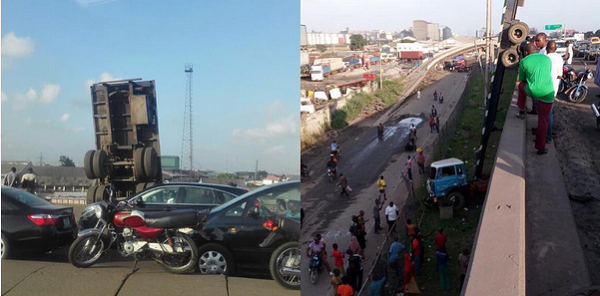 Photos: Trailer Falls Off Apapa-Ijora Bridge In Lagos