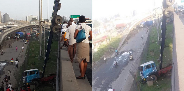 Photos: Trailer Falls Off Apapa-Ijora Bridge In Lagos