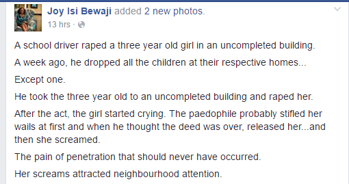 Joy Isi Bewaji Rains Curses On School Driver Who Raped 3-Year Old Girl