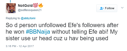 Photos: See User Reactions As #BBNaija Winner Efe Unfollows Thousands of His fans on Instagram