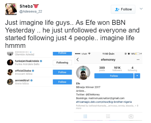 Photos: See User Reactions As #BBNaija Winner Efe Unfollows Thousands of His fans on Instagram
