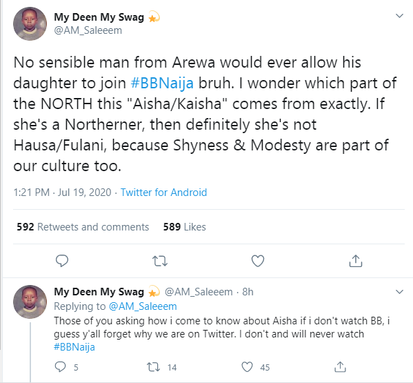 'No Sensible Northerner Would Allow His Daughter Join BBNaija' - Twitter User Rants