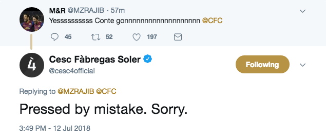 Cesc Fabregas apologises for accidentally liking tweet celebrating Antonio Conte's sacking