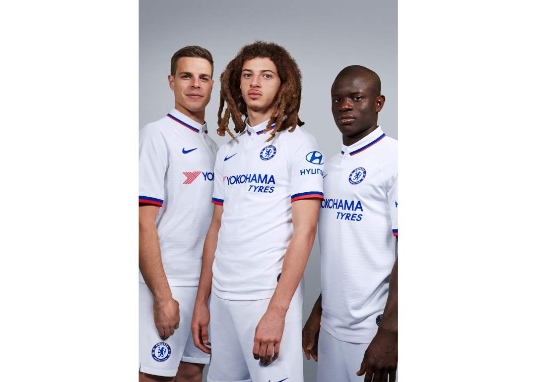 Ceasr Azpilicueta, Ethan Ampadu and N'golo Kante model the new strip