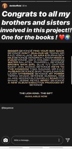 Davido Congratulates Wizkid, Burna Boy & Others For Efforts On Beyonce's New Album; 'Lion King: The Gift Album'