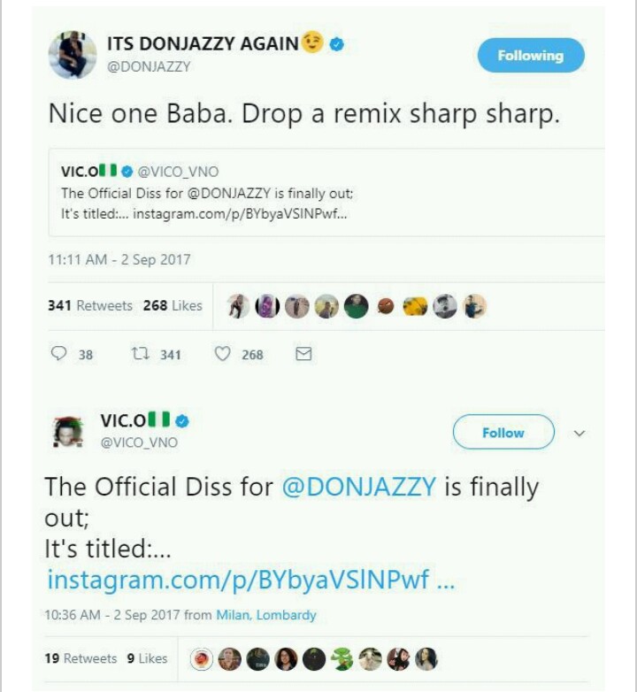 Don Jazzy Advises Vic O to drop a remix to his diss track