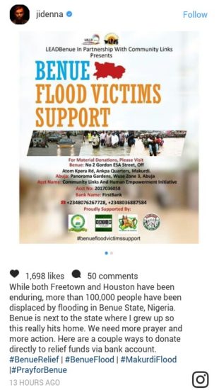 Jidenna Extends Support To Benue Flood Victims