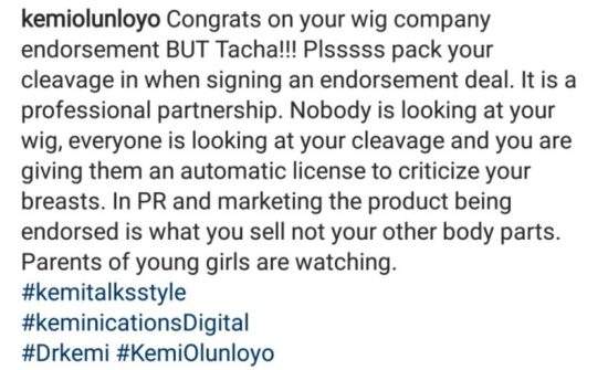 'Pack your cleavage in when signing endorsements' - Kemi Olunloyo tells Tacha how to dress decently