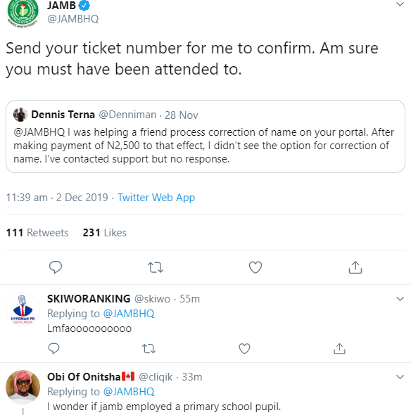 Hilarious! Nigerians Drag JAMB's Twitter handler for wrong grammar