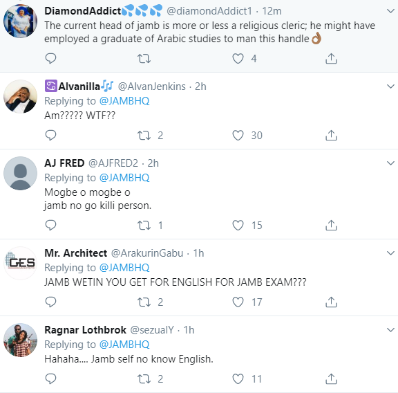 Hilarious! Nigerians Drag JAMB's Twitter handler for wrong grammar
