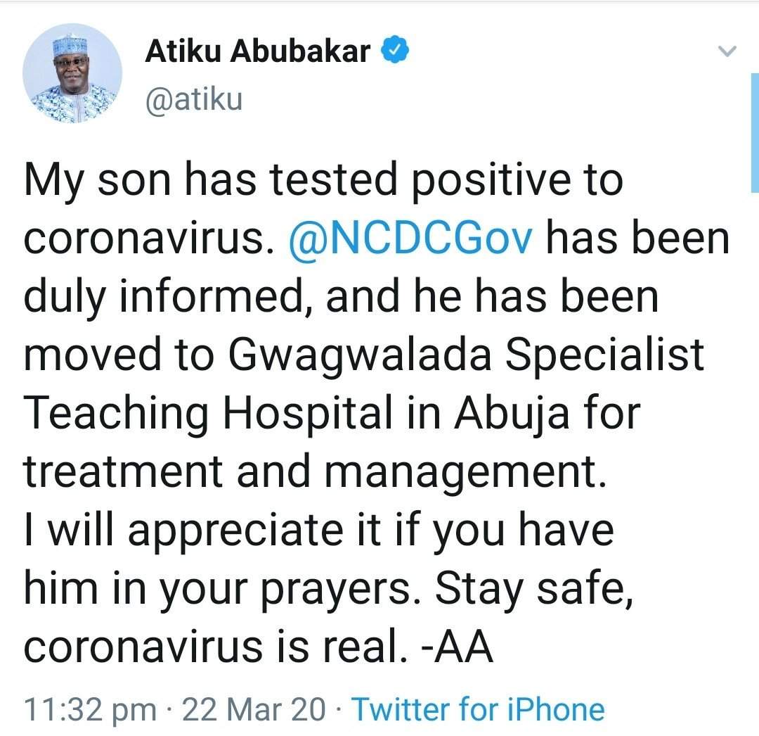 Atiku Abubakar's son tests positive to Coronavirus