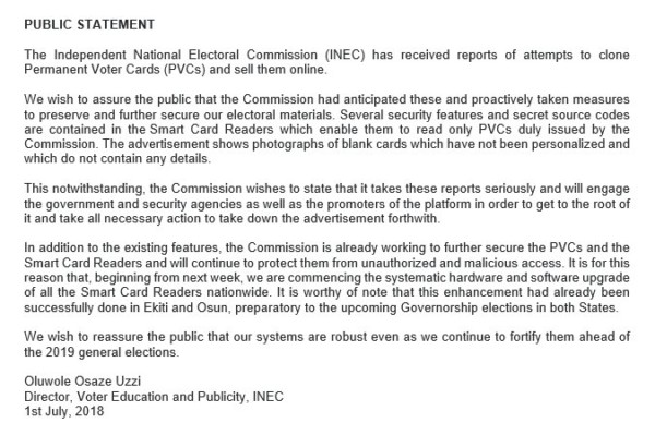 INEC releases Statement concerning Sale of PVC on Alibaba