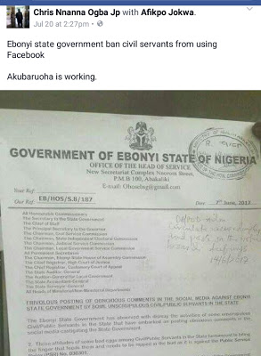 Ebonyi State Government Bans Civil Servants From Using Facebook,Twitter