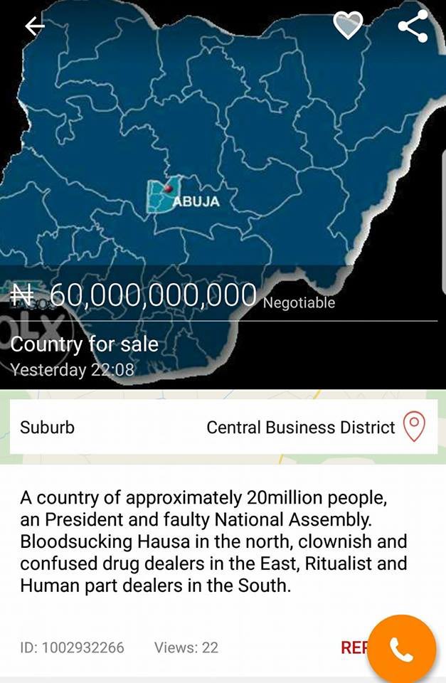 Who did this? Nigeria up for sale on OLX for N60,000,000,000