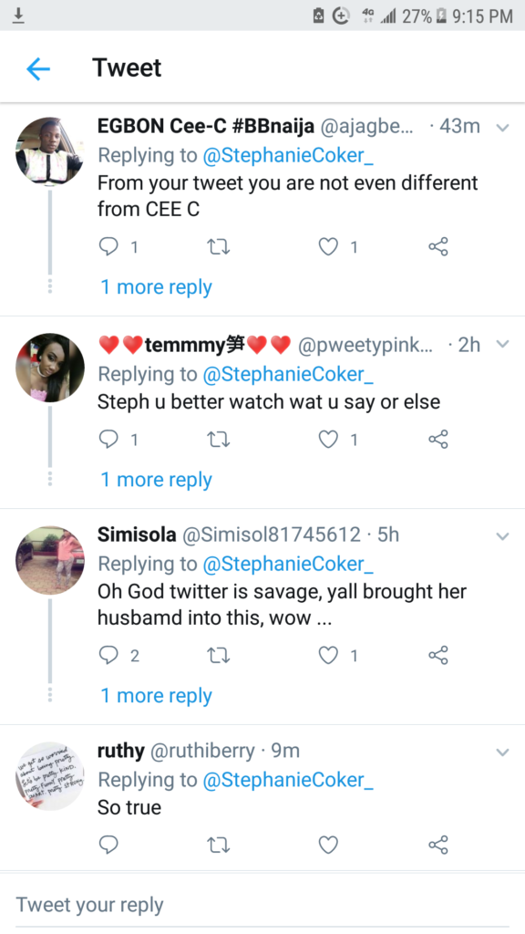 #BBNaija:  Stephanie Coker dragged on social media by Cee-c's fans