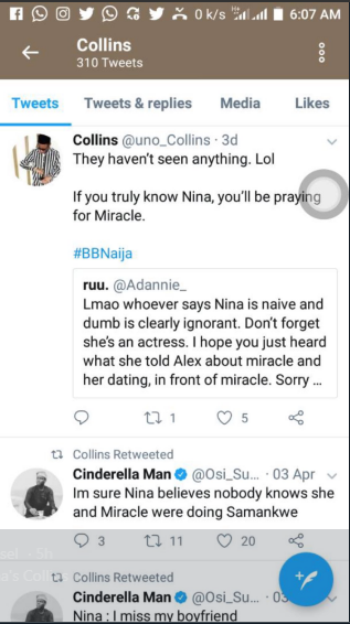 #BBNaija: Nina's boyfriend Collins calls her a Devil, reveals his reasons