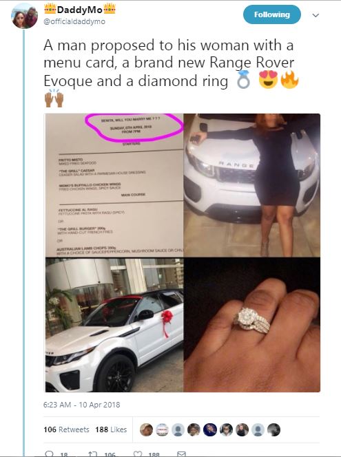 Nigerian Man Proposes To His Girlfriend With A Range Rover Evogue & Diamond ring (Photos)