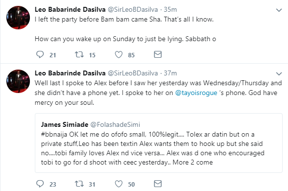 #BBNaija: Leo replies lady who accused him of secretly texting Alex for a hookup