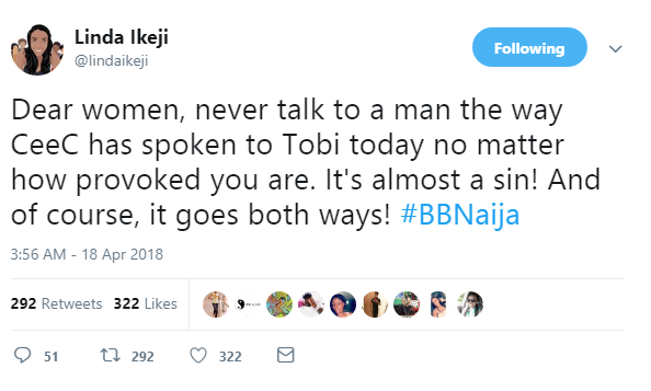 #BBNiaja: 'Never Talk To A Man The Way Cee-c Talks To Tobi' - Linda Ikeji Advises Women