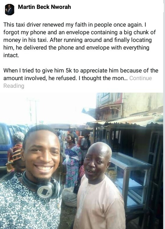 Taxi Driver returns phone and envelope containing money to owner, accepts only N1k as reward