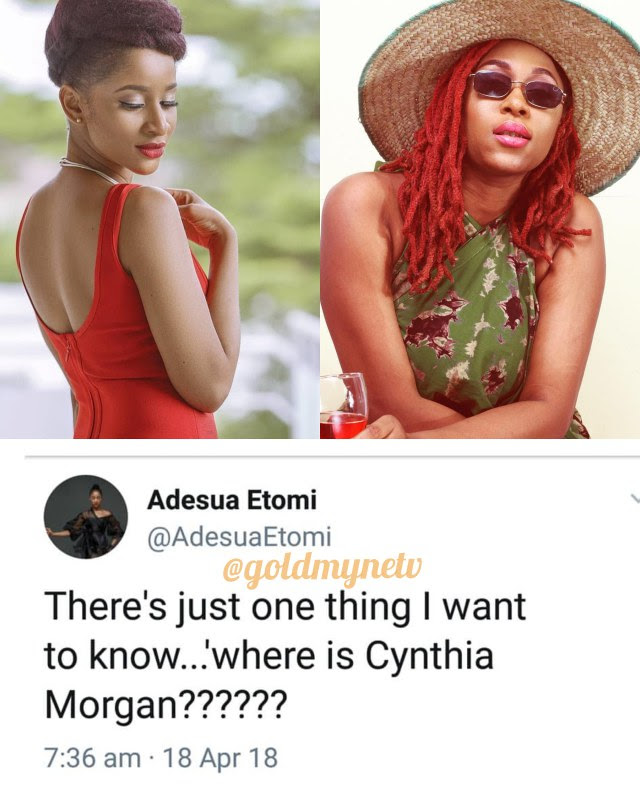 'Where is Cynthia Morgan'??? - Adesua Etomi asks