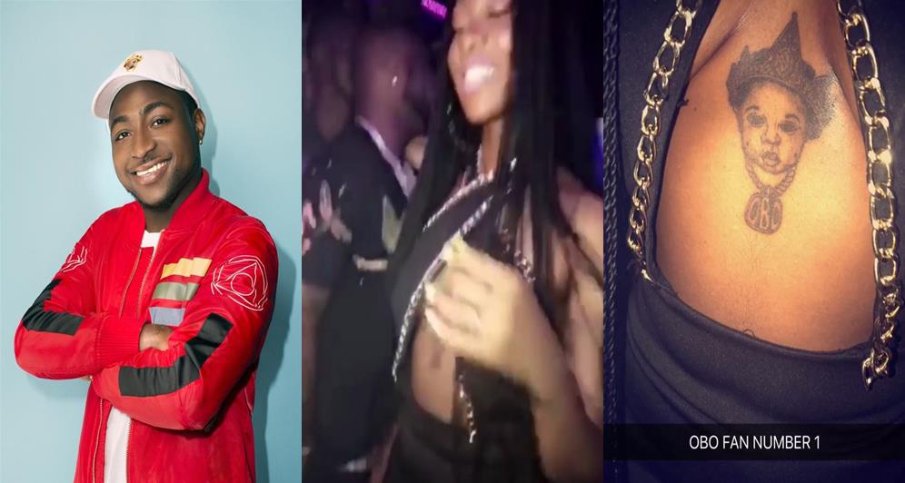 Davido meets lady who tattooed his face in-between her chest (Video)