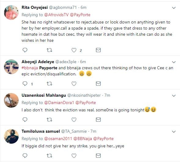 #BBNaija: Nigerians react after Cee-c ripped off Payporte outfit and tagged it 'Nonsense' (Screenshots)