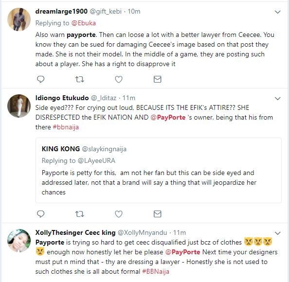 #BBNaija: Nigerians react after Cee-c ripped off Payporte outfit and tagged it 'Nonsense' (Screenshots)