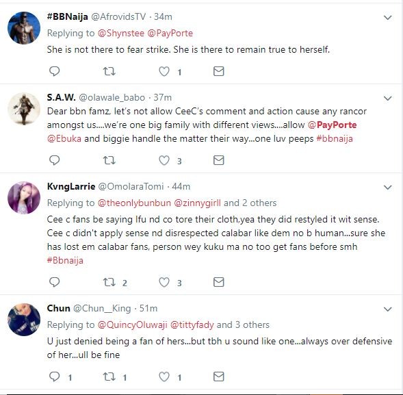 #BBNaija: Nigerians react after Cee-c ripped off Payporte outfit and tagged it 'Nonsense' (Screenshots)