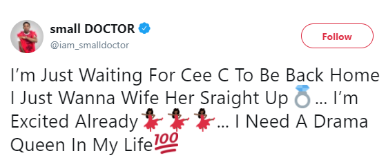 #BBNaija: 'I Want To Marry Cee-C, I Need A Drama Queen In My Life' - Small Doctor