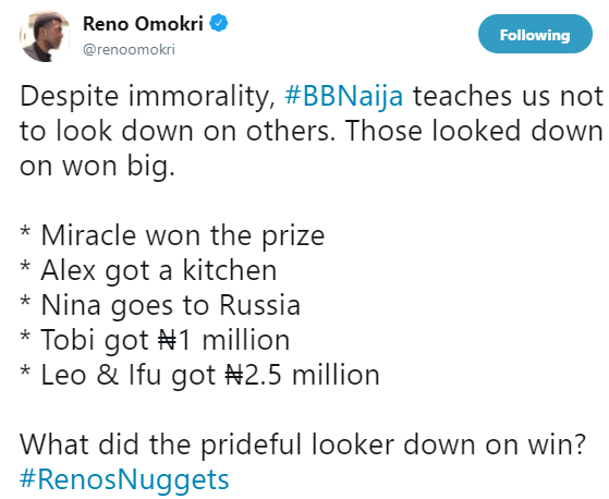 #BBNaija: Reno Omokri shades Cee-c as he reveals the lessons of BBN