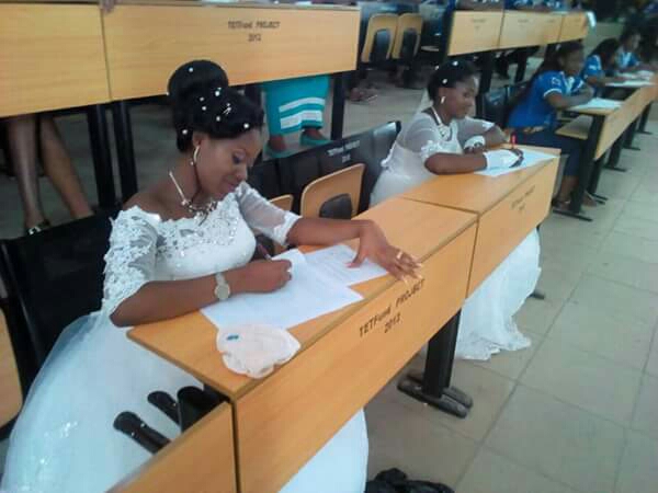 2 Final year students spotted with wedding gowns inside examination hall (Photos)