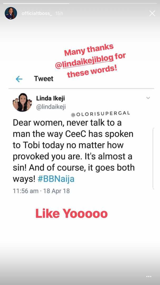 #BBNaija: TBoss Reacts after Cee-c spent over 1 hour Insulting Tobi