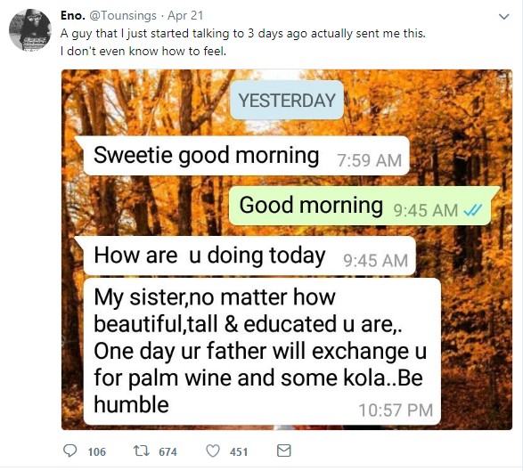 Nigerian Lady shares the message she received from a Guy who is wooing Her