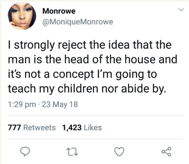 I reject the idea that the man is the head of the house - Lady rants on Twitter