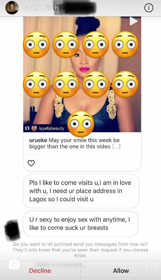 Actress Uru Eke gets a DM from a man who wants to suck her b**bs