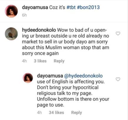 Fan slams Actress, Dayo Amusa for exposing her boobs, she replies