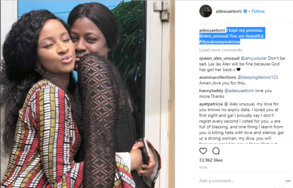 #BBNaija: 'You are beautiful' - Adesua Etomi gushes over Alex as they hangout